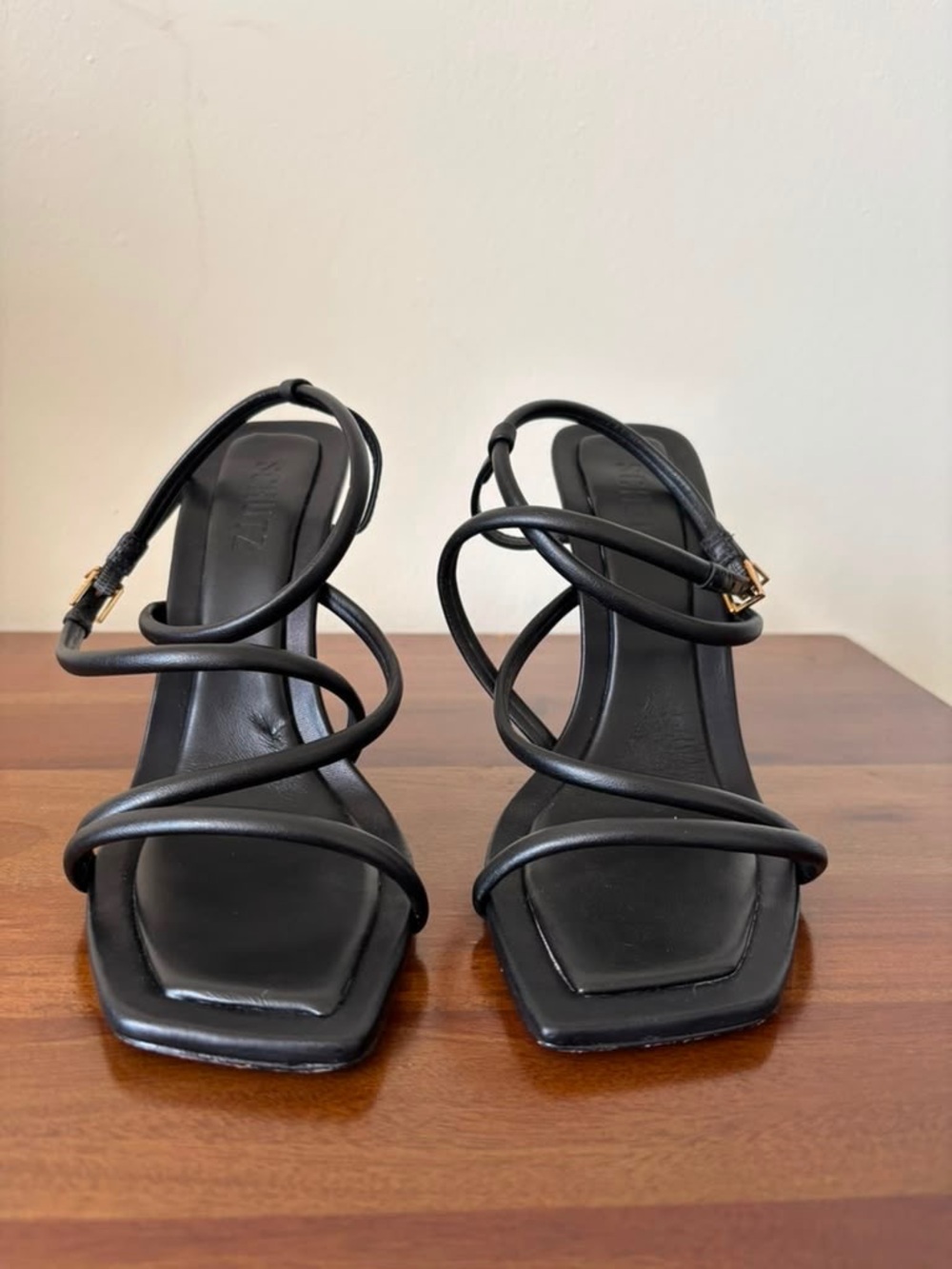 SCHUTZ Black Multi-Strap Square-Toe Heeled Sandals